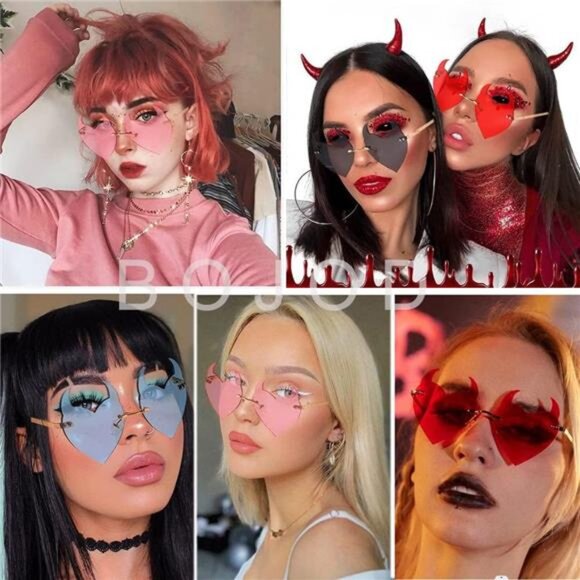 Goth Horns Heart Sunglasses for Women - Rimless 90s Punk Trendy - Picture 3 of 7